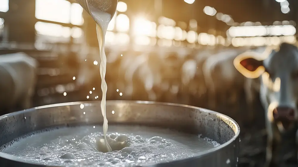 Latte appena munto versato in un contenitore d’acciaio, con sfondo sfocato di mucche in una stalla ben illuminata.